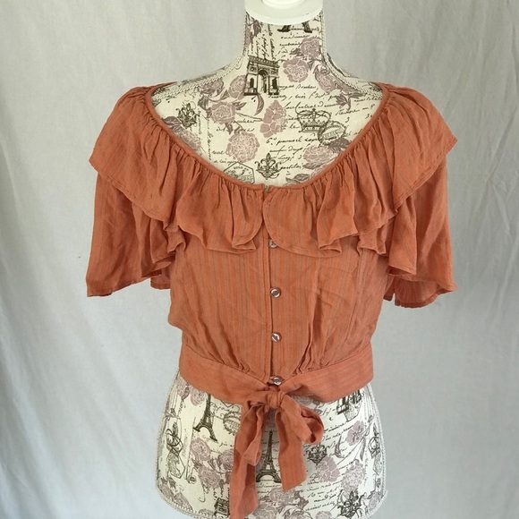 🦊FREE PEOPLE The Rosemary Ruffled Rust Tie Front Crop Top - Picture 2 of 8